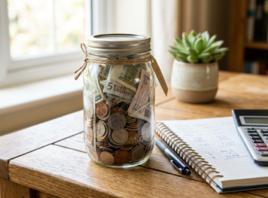 A jar filled with coins and cash beside a notebook and calculator