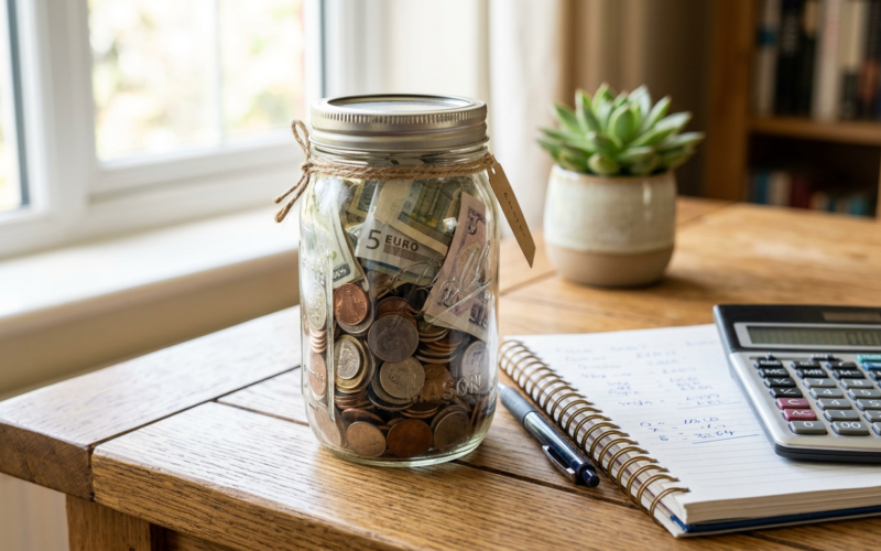 A jar filled with coins and cash beside a notebook and calculator
