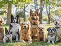 Several friendly dog breeds sitting together outdoors