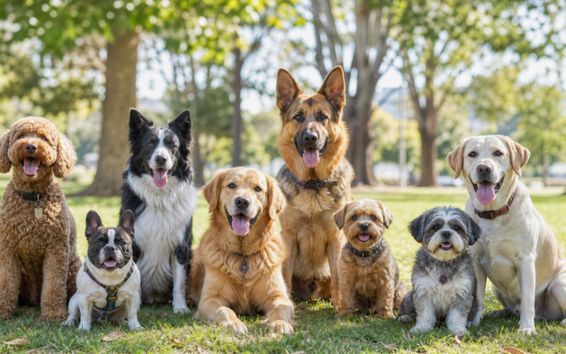 Several friendly dog breeds sitting together outdoors