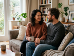 A couple sitting on a couch having a warm conversation