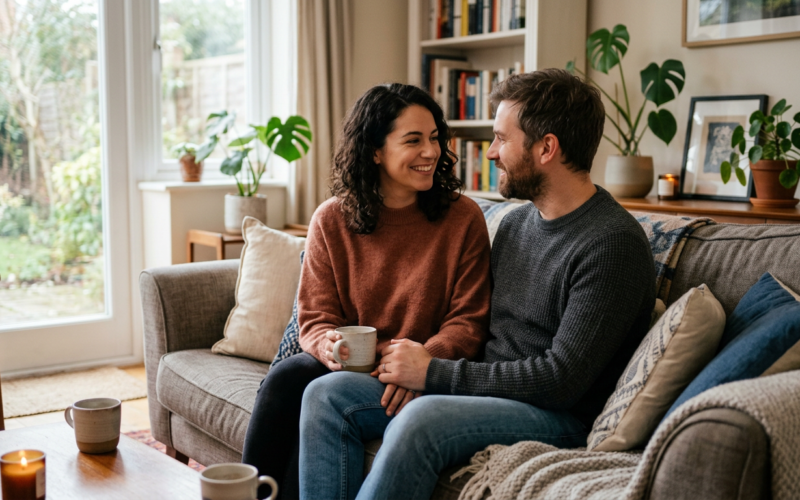 A couple sitting on a couch having a warm conversation
