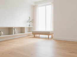 A clean, decluttered minimalist room with tidy shelves