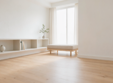 A clean, decluttered minimalist room with tidy shelves
