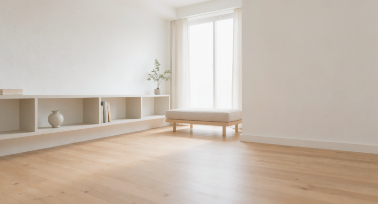 A clean, decluttered minimalist room with tidy shelves