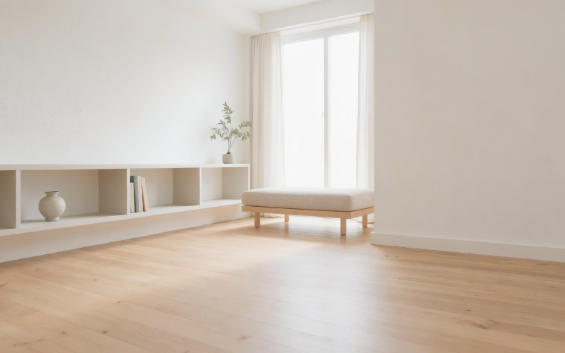 A clean, decluttered minimalist room with tidy shelves