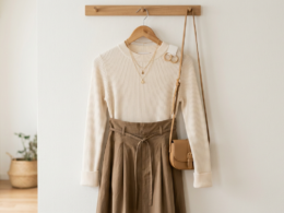 A stylish affordable outfit on a hanger with a few accessories