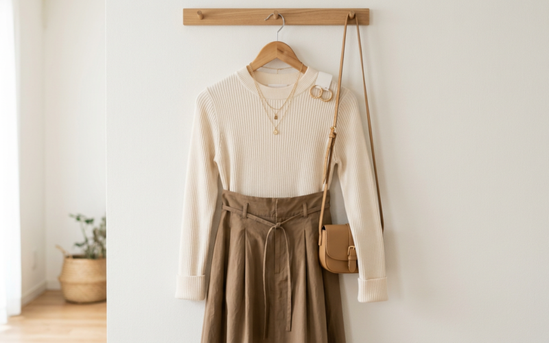 A stylish affordable outfit on a hanger with a few accessories