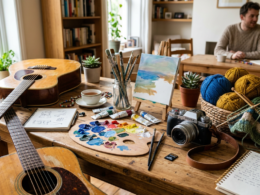 An array of hobby supplies including paints, a camera, yarn, and a guitar
