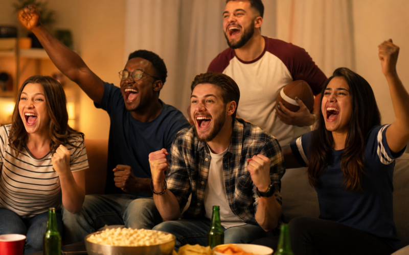 Sports fans cheering while watching a game together in a living room