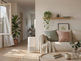 An air purifier and houseplants demonstrating how to improve indoor air quality