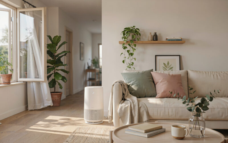 An air purifier and houseplants demonstrating how to improve indoor air quality
