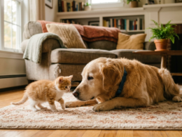 A resident dog gently meeting a new kitten in a living room