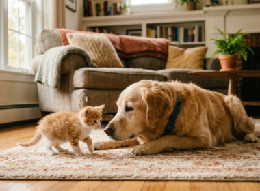 A resident dog gently meeting a new kitten in a living room