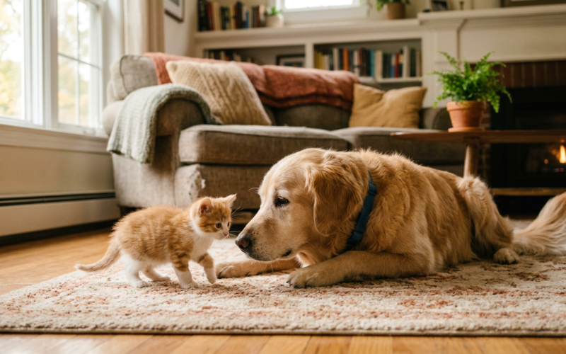 A resident dog gently meeting a new kitten in a living room