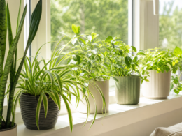 A bright windowsill lined with healthy green potted houseplants