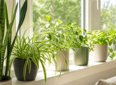 A bright windowsill lined with healthy green potted houseplants