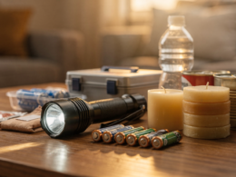 A home emergency kit with a flashlight, batteries, candles, and supplies