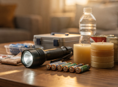 A home emergency kit with a flashlight, batteries, candles, and supplies