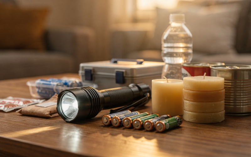 A home emergency kit with a flashlight, batteries, candles, and supplies