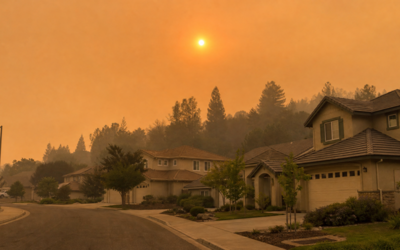A hazy orange sky with a mask, showing how to protect yourself from wildfire smoke
