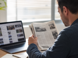 A person comparing news from multiple sources on a laptop and newspaper