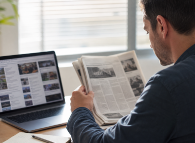 A person comparing news from multiple sources on a laptop and newspaper