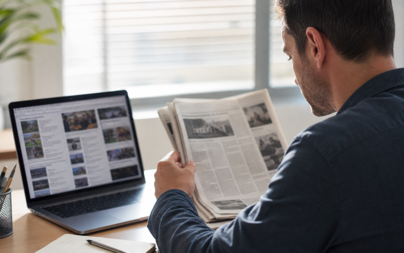 A person comparing news from multiple sources on a laptop and newspaper