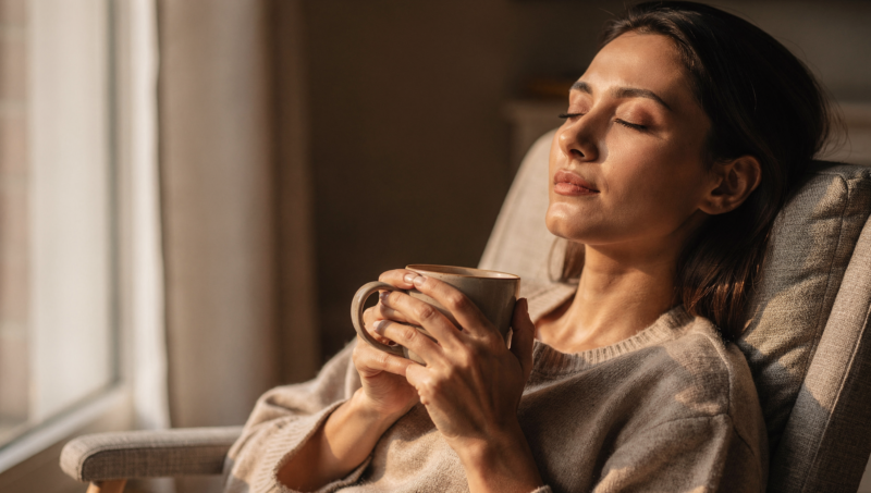 A person relaxing with eyes closed by a window holding a warm drink