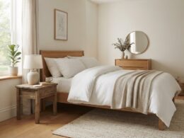 A serene tidy bedroom with white linens in soft morning light