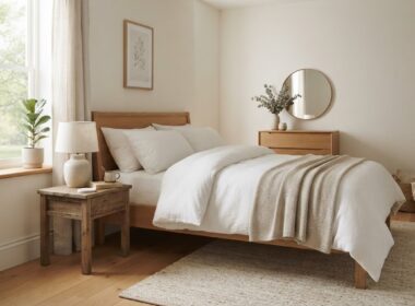 A serene tidy bedroom with white linens in soft morning light
