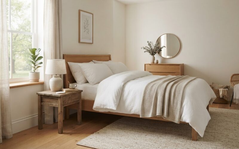 A serene tidy bedroom with white linens in soft morning light