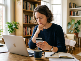 A person reading news on a laptop and phone with a skeptical expression