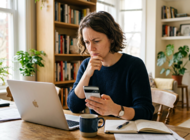 A person reading news on a laptop and phone with a skeptical expression