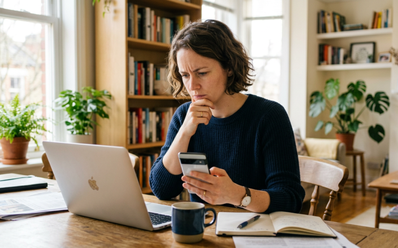 A person reading news on a laptop and phone with a skeptical expression