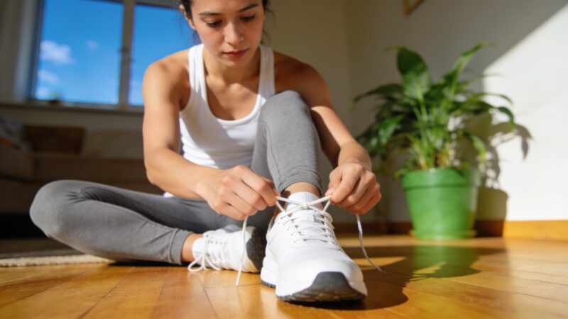 A person in workout clothes lacing up their sneakers at home