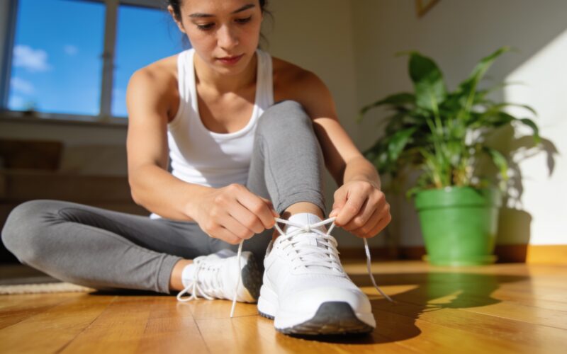 A person in workout clothes lacing up their sneakers at home