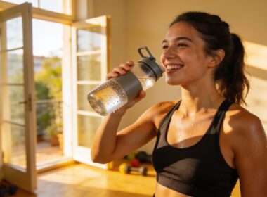 A smiling person taking a water break after exercising