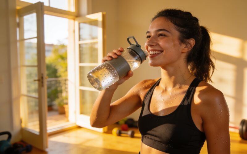 A smiling person taking a water break after exercising