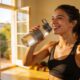 A smiling person taking a water break after exercising