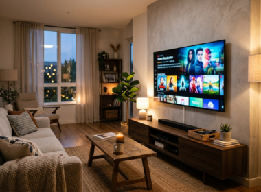 A living room with a wall-mounted smart TV showing a streaming home screen