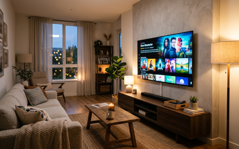 A living room with a wall-mounted smart TV showing a streaming home screen