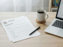 A clean resume document on a tidy desk beside a laptop and coffee
