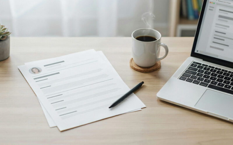 A clean resume document on a tidy desk beside a laptop and coffee
