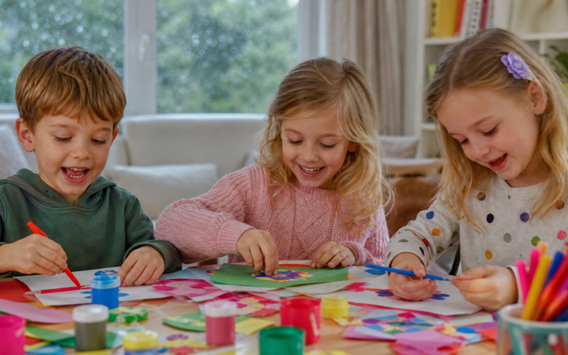 Happy young children doing arts and crafts at a table indoors on a rainy day