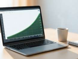 A laptop showing an upward financial growth chart beside coffee and a notebook