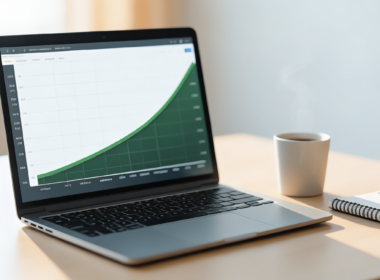 A laptop showing an upward financial growth chart beside coffee and a notebook