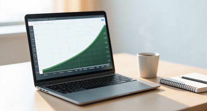 A laptop showing an upward financial growth chart beside coffee and a notebook