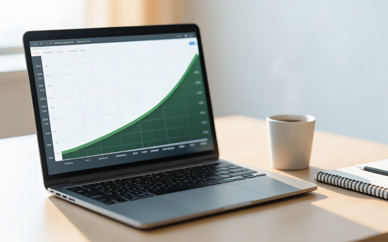 A laptop showing an upward financial growth chart beside coffee and a notebook