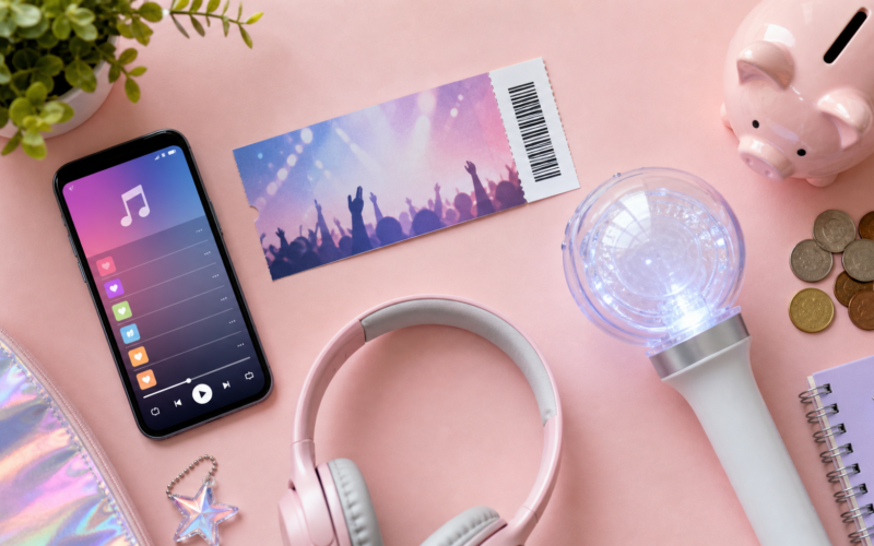 Concert tickets and money representing a K-pop concert budget